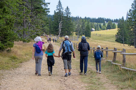 Family with small children hiking outdoors in summer nature, walking in Rogla, Sloveniaの写真素材