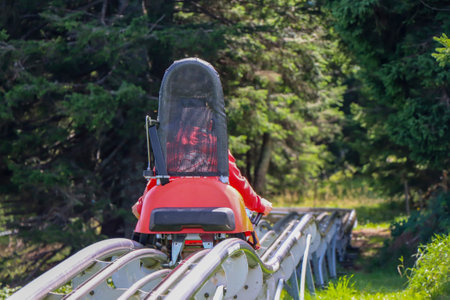 Little boy enjoying a summer fun roller alpine coaster ride in Rogla, Sloveniaの写真素材