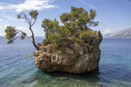 Small stone islet on Punta Rata beach in Brela, Dalmatia, Croatiaの写真素材