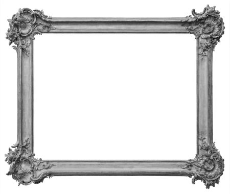 Beautiful rectangular vintage wooden old silver-plated, silver frame, isolated on white backgroundの写真素材