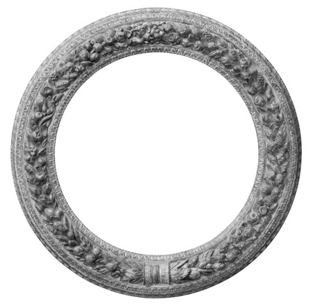 Round silver-plated, silver antique empty picture frameの写真素材
