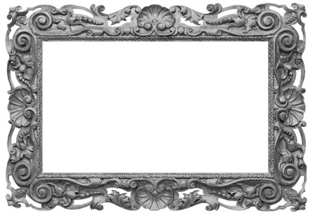 Wooden vintage rectangular  silver-plated, silver antique empty picture frame,
isolated on white backgroundの写真素材