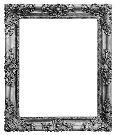 Wooden vintage rectangular  silver-plated, silver antique empty picture frame, isolated on white backgroundの写真素材