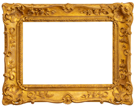Old rectangular vintage wooden old golden frame, isolated on white background, with cliping pathの写真素材