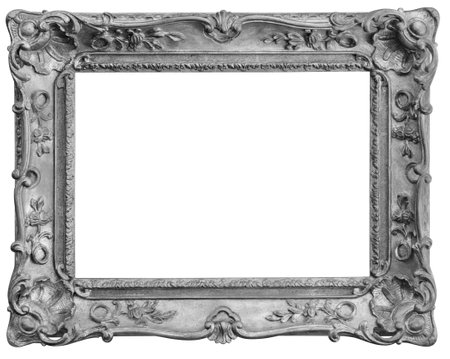 Old rectangular vintage wooden old silver-plated frame, isolated on white background, with cliping pathの写真素材