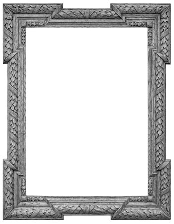 Old rectangular vintage wooden silver-plated frame, isolated on white backgroundの写真素材