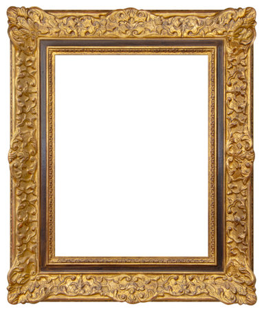 Old rectangular vintage wooden golden frame, isolated on white backgroundの写真素材