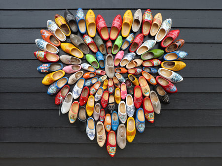 Many multicolored vintage Dutch Klomp shoes are laid out in the shape of a heart on black wood panel backgroundの写真素材