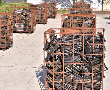 March, 2019, Largo, Florida, Hundreds of antique typewriters are grouped in rows of rusty cages in...