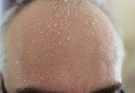 Photo showing a recessed hairline and pearly sweaty Scalp after exercise in middle aged male