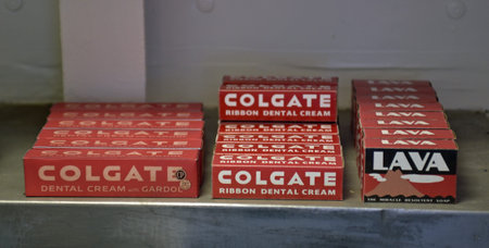 Charleston, SC, USA, October 26, 2023 - Vintage 1940s COLGATES Ribbon Dental Cream Toothpaste and LAVA Soapのeditorial素材