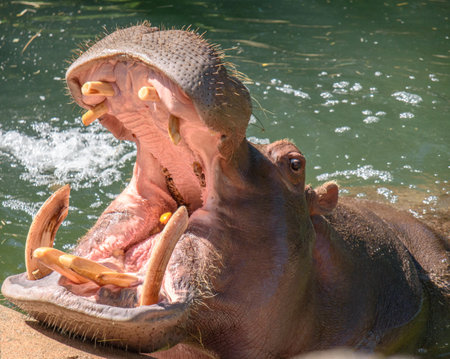 hippopotamus open mouth for feedingの写真素材