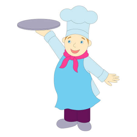 Chef with a tray. Smiling chef holds a tray in his hand. Vector image, drawing. A cute cook, a character.のイラスト素材
