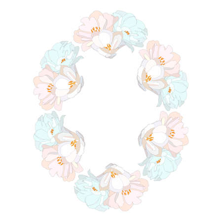 Wreath of flowers, oval frame of flowers, peony-shaped tulipsのイラスト素材