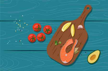 Raw salmon fillet with peppercorns, tomatoes, avocado and lemon on wooden cutting board. Salmon fillet seasoned with spices, showcased on a wooden boardのイラスト素材
