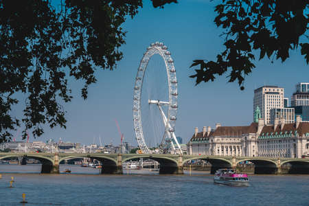 London / UK - 08/09/2020: London Eye view with Westminster bridge and Thames River from north embankmentのeditorial素材
