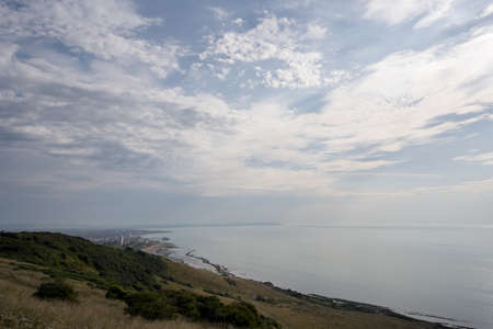 Aerial morning summer view over Eastbourne seafront and pier from Beachy Head.の写真素材