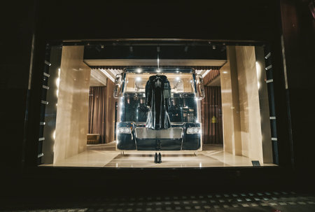 London | UK -  2020.11.07: Burberry store with the lights on in the evening closed during the covid...