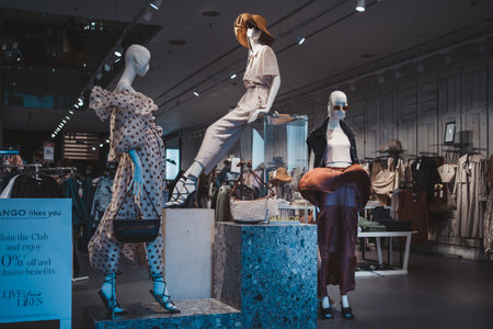 Soho, London | UK -  2021.04.16: Zara fashion clothes for woman display on mannequin in Zara shop. shopping conceptのeditorial素材
