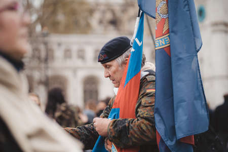 Westminster, London | UK - 2021.05.08: Hundreds of people with flags in a London march to support veterans.のeditorial素材