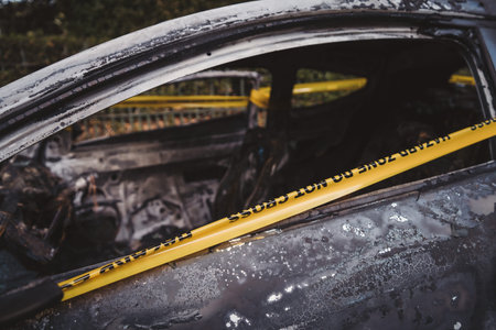 London | UK - 2021.06.12: An abandoned, stolen burnt out blue car parked on the sideway parking...