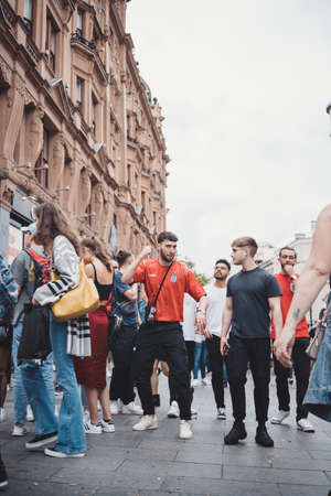 London | UK - 2021.07.12: English fans with flags gathering at Leicester Square to watch the Final Euro 2020 Football gameのeditorial素材