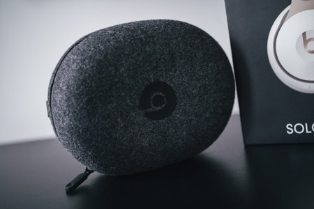 London | UK - 2021.10.09: Close up product photos of ivory Beats Solo Pro wireless bluetooth on-ear...