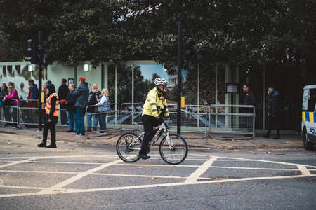 London, UK - 2021.11.13: Metropolitan police officers on bicycles at the Lord Mayor of London show paradeのeditorial素材