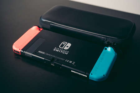 London, UK - 2021.11.27: Product close-up shot of nintendo switch gaming consoleのeditorial素材