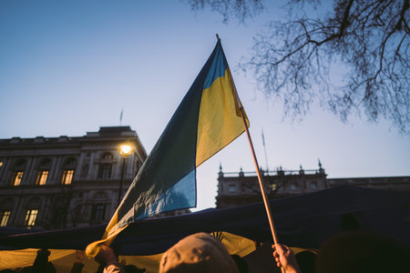 Downing Street, London | UK -  2022.02.25: Ukrainian people protest, thousands gather to demand tougher sanctions on Russia from British Government, EU and USA to stop the war in Ukraineのeditorial素材