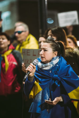 Downing Street, London | UK -  2022.02.25: Ukrainian people protest, thousands gather to demand...