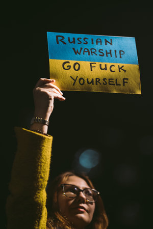 Downing Street, London | UK -  2022.02.25: Ukrainian people protest, thousands gather to demand...