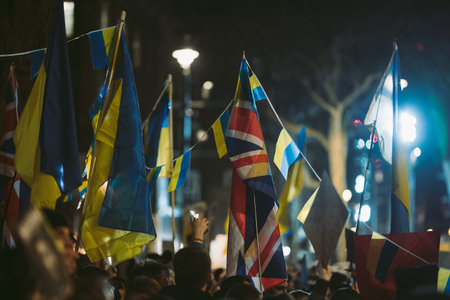 Downing Street, London | UK -  2022.02.25: Ukrainian people protest, thousands gather to demand...