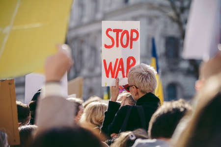 Downing Street, London | UK -  2022.02.26: Ukrainian people protest, thousands gather to demand tougher sanctions on Russia from British Government, EU and USA to stop the war in Ukraineのeditorial素材