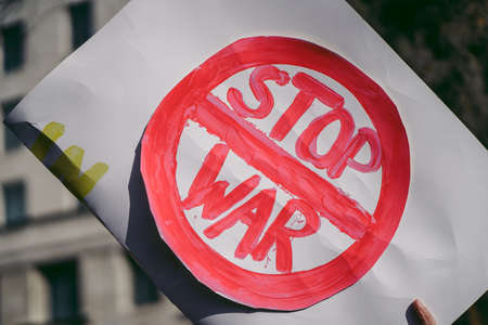 Downing Street, London | UK -  2022.02.26: Ukrainian people protest, thousands gather to demand tougher sanctions on Russia from British Government, EU and USA to stop the war in Ukraineのeditorial素材