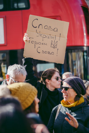 Downing Street, London | UK -  2022.02.26: Ukrainian people protest, thousands gather to demand tougher sanctions on Russia from British Government, EU and USA to stop the war in Ukraineのeditorial素材