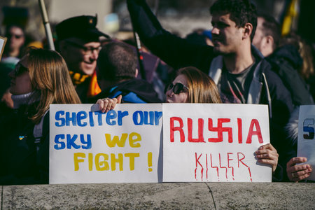Downing Street, London | UK -  2022.02.26: Ukrainian people protest, thousands gather to demand tougher sanctions on Russia from British Government, EU and USA to stop the war in Ukraineのeditorial素材