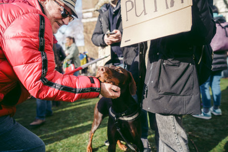 Downing Street, London | UK -  2022.02.26: Beautiful dog at Ukrainian protest against war