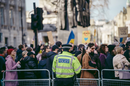 Downing Street, London | UK -  2022.02.26: Police officers on duty at Ukrainian protest against war and russian invasionのeditorial素材