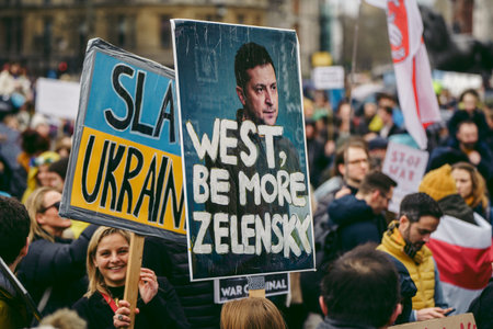 Trafalgar Square, London | UK -  2022.03.05: Ukrainian people protest, thousands gather to demand...