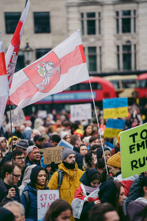 Trafalgar Square, London | UK -  2022.03.05: Ukrainian people protest, thousands gather to demand...