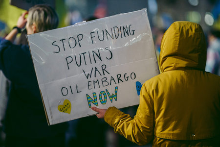 Trafalgar Square, London | UK -  2022.03.08: Ukrainian people protest, thousands gather to demand...
