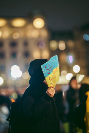 Trafalgar Square, London | UK -  2022.03.10: Ukrainian people protest, thousands gather to demand...
