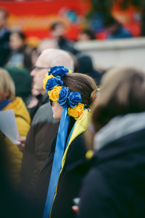 Parliament Square, London | UK -  2022.03.06: Ukrainian people protest, thousands gather to demand...