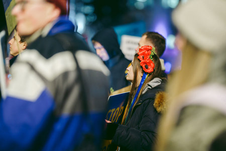 Trafalgar Square, London | UK -  2022.03.08: Ukrainian people protest, thousands gather to demand tougher sanctions on Russia from British Government, EU and USA to stop the war in Ukraineのeditorial素材
