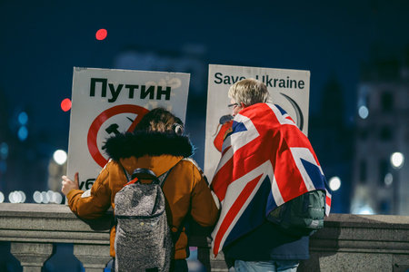 Trafalgar Square, London | UK -  2022.03.08: Ukrainian people protest, thousands gather to demand...
