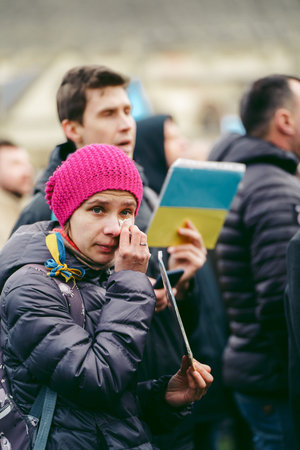Parliament Square, London | UK -  2022.03.06: Ukrainian people protest, thousands gather to demand...