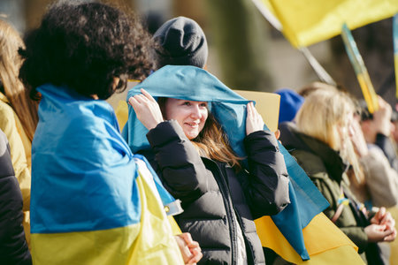 Downing Street, London | UK -  2022.03.12: Ukrainian people protest, thousands gather to demand...