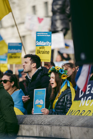 Downing Street, London | UK -  2022.03.12: Ukrainian people protest, thousands gather to demand...