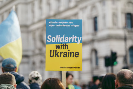 Downing Street, London | UK -  2022.03.12: Ukrainian people protest, thousands gather to demand tougher sanctions on Russia from British Government, EU and USA to stop the war in Ukraineのeditorial素材